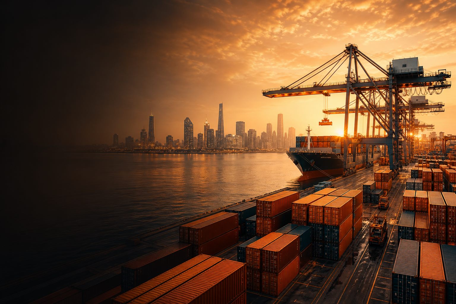 Container ship and stacked shipping containers at an international trade port at sunset